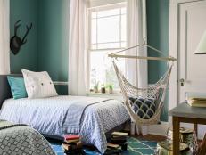 Twin Beds and Hanging Hammock Chair in Boys' Bedroom