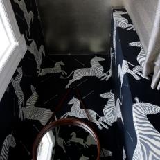 Zebra-Patterned Wallpaper in Powder Room