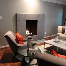 Modern Family Room with Concrete Fireplace