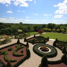 A Birdseye View of a Formal English Garden with Boxwood Topiaries