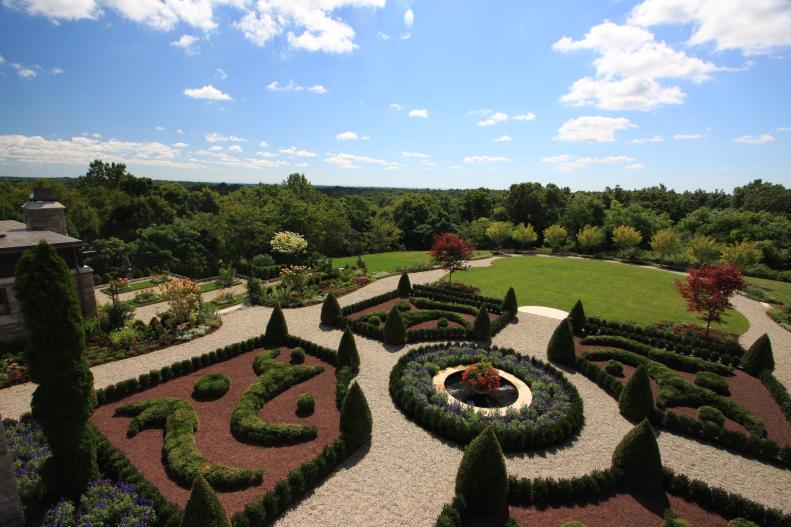 An overhead view of a formal English garden