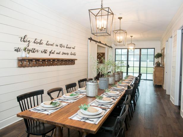 Long Farm House Dining Table, Plant Centerpieces and Place Settings