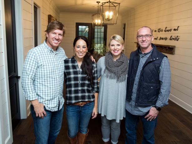 Hosts Chip and Joanna Gaines with homeowners Todd and Lexia Meek in their newly renovated dining room, as seen on Fixer Upper. (portrait)
