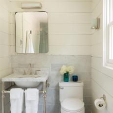 White Country Bathroom With Marble Backsplash