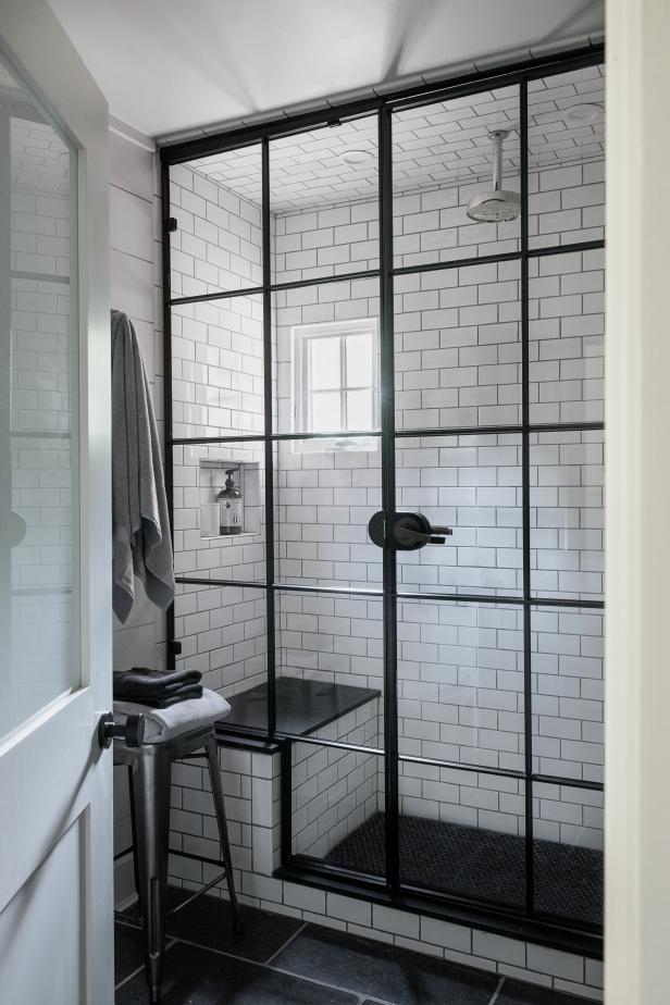 Black And White Shower With Subway Tile, Black And White Subway Tile