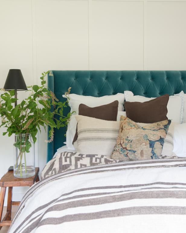 Teal Headboard And Striped Duvet Cover