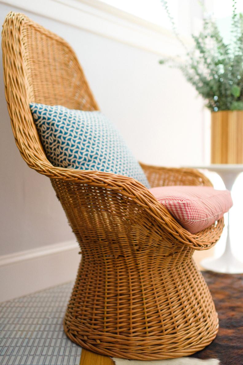 1970s-Era Wicker Chair With Colorful Custom Seat Cushions