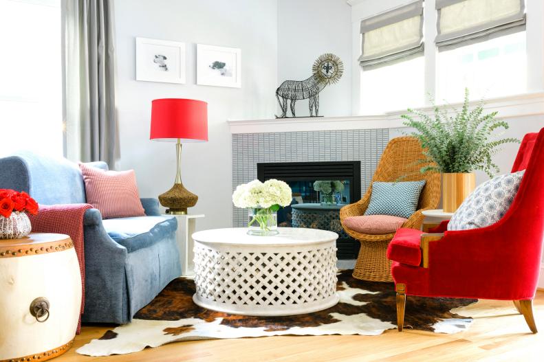 Colorful Furniture in Neutral Transitional Living Room