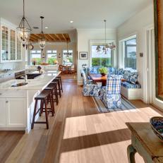 Cozy Transitional Breakfast Nook in Open Floor Plan Kitchen Space With Marble Countertop Bar Seating 