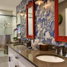 Elegant Blue Master Bathroom Features Asian Style