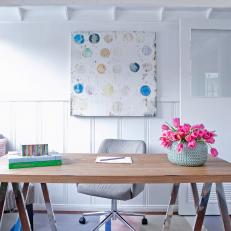 Pretty Home Office With Wood Desk, Colorful Painting