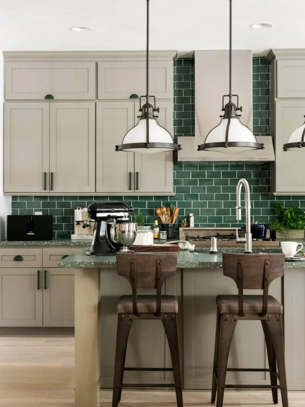 HGTV Dream Home 2017: White Cabinets Set Against Green Tile Backsplash