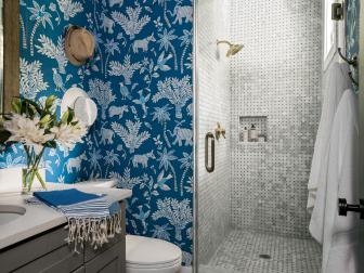 HGTV Dream Home 2017: Transitional Bathroom With Lively Blue Wallpaper