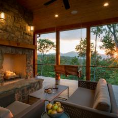 Porch With Stone Fireplace and Mountain View