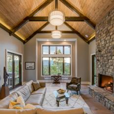 Neutral Rustic Living Room With Mountain View