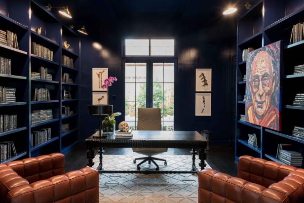 Contemporary Blue Library With Built-In Bookshelves