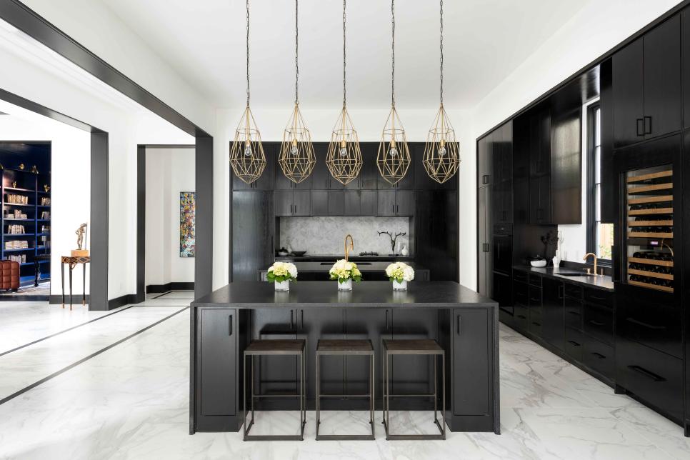 Contemporary, Black and White Kitchen With Open Floor Plan