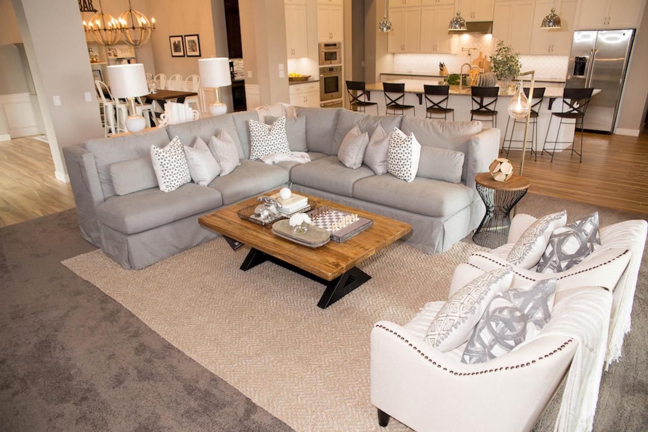 Open Plan Transitional  Living  Room  With Gray Sectional  HGTV