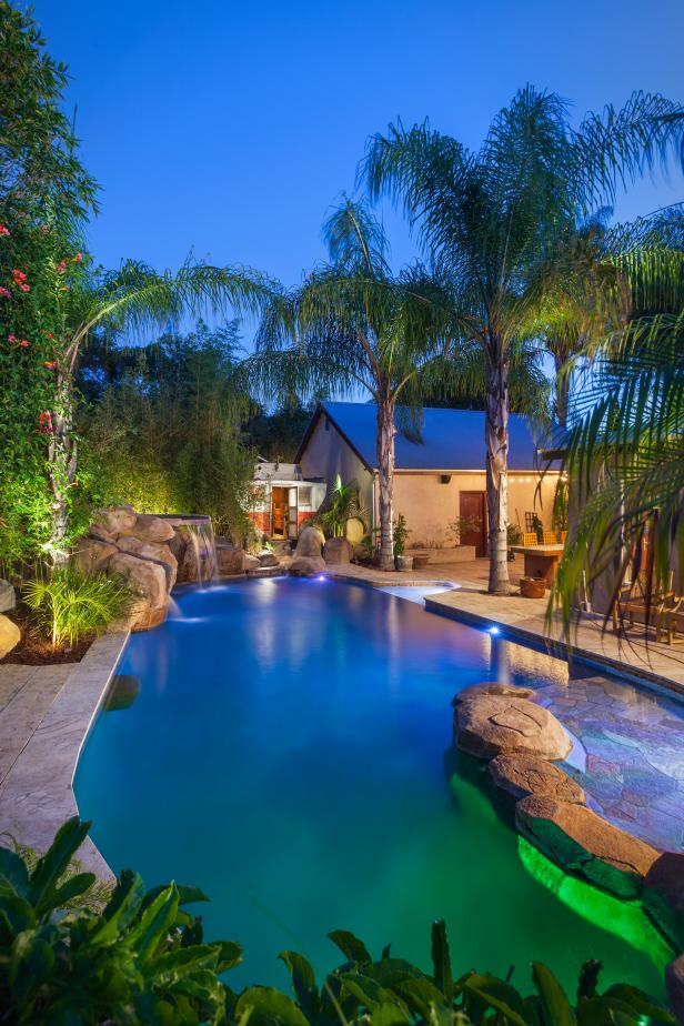 palm tree, pool, bay, backyard royalty free stock image