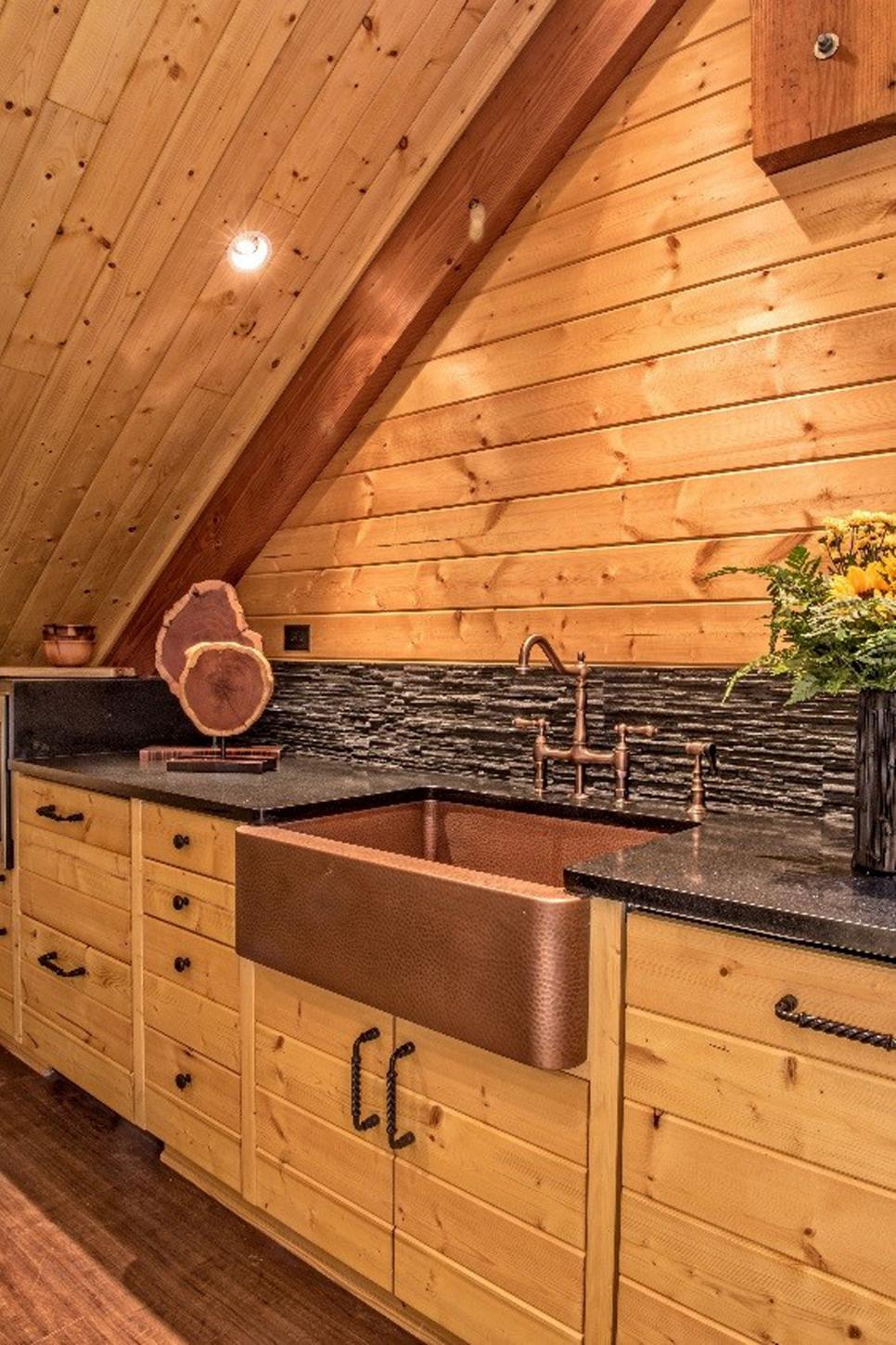 Natural Wood Loft Kitchen With Copper Farmhouse Sink, Textured Tile