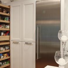Built In White Slide Out Pantry Storage With Stainless Steel Refrigerator 