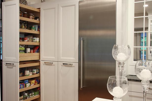 Built In White Slide Out Pantry Storage With Stainless Steel ...