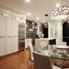 Contemporary Eat In Kitchen With Glass Dining Table, Stainless Appliances