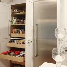 French Door White Pantry With Wood Sliding Drawers Framed With Built In Stainless Steel Refrigerators 