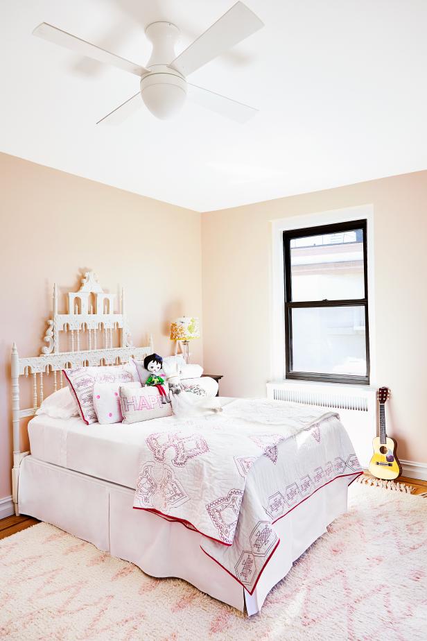 Bright, Feminine Girl's Bedroom With Subtle Diamond Pattern Rug, Pink