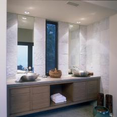 White Double Vanity Bathroom With Metal Sinks