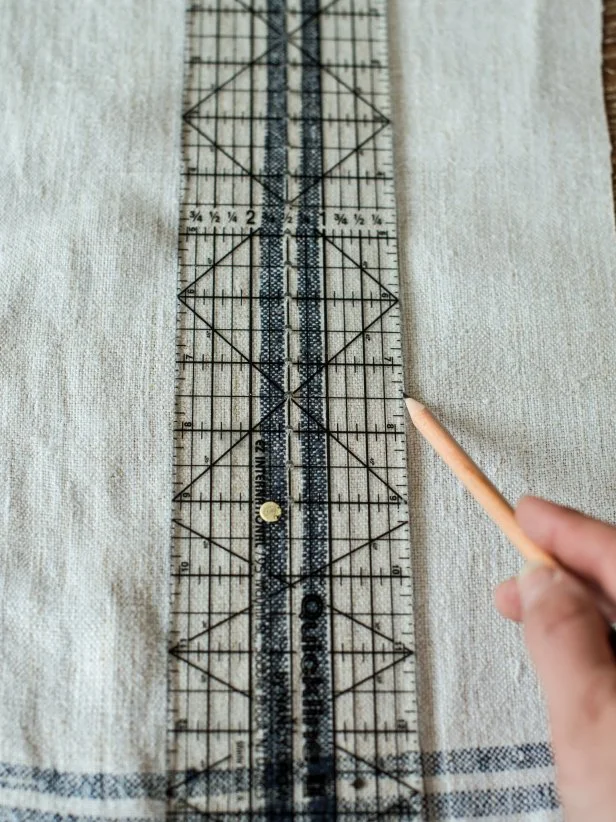 Measure and cut four 18” x 4” pieces of fabric out of tablecloth or ticking remnant.