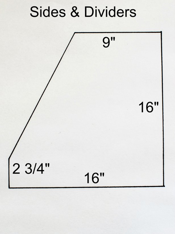 Cut wood to sizes in supplies list either at home or at hardware store.  Take one 16” square piece and measure and mark angle to match diagram.  Cut marked line with a circular saw.  Use first cut piece as a template for the other three.  Mark and cut remaining three pieces.  Tip: Clamp wood piece to stable work surface while cutting with the circular saw to prevent it from shifting.