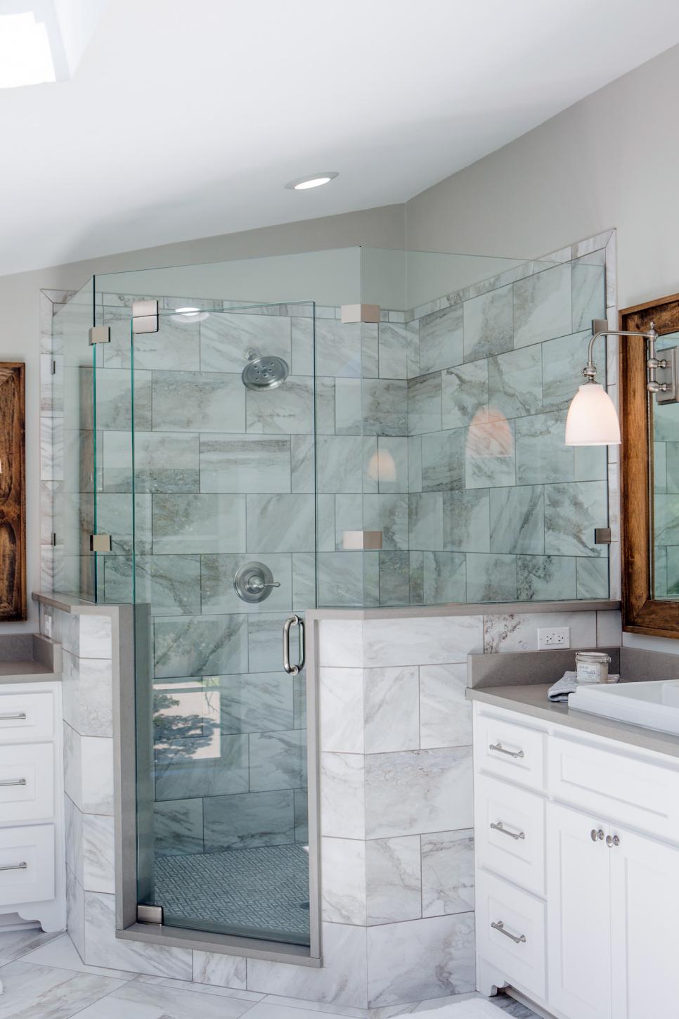 Master Bathroom Glass Enclosed Shower With Marble Tile Hgtv