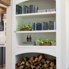 Built-In Sunroom Bookshelf With Firewood Storage