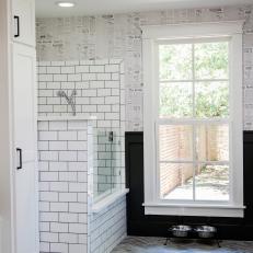 Black and White Mudroom With Dog Shower