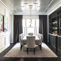 Black and White Transitional Dining Room With Gray Curtains
