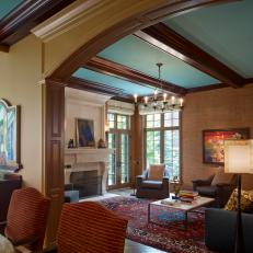 Brown Traditional Family Room With Blue Ceiling