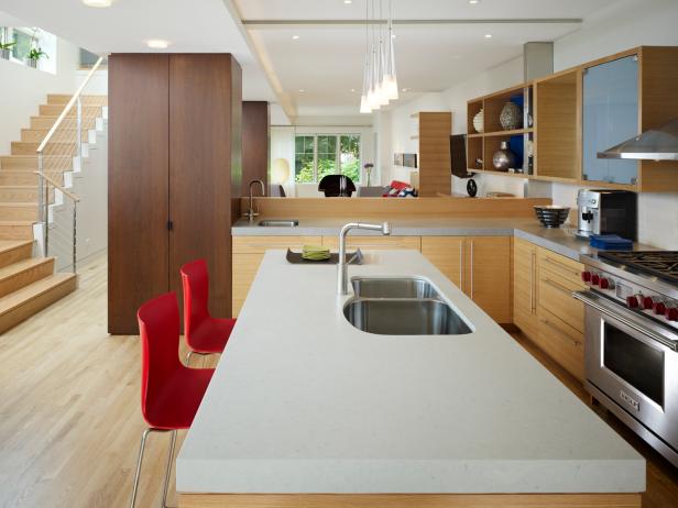 Open Kitchen With Red Chairs