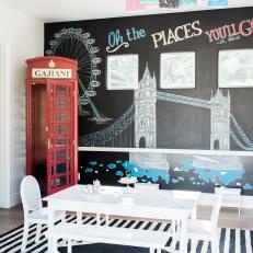 Black and White Contemporary Playroom With Red Phone Booth