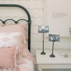Ruffled Blush Pink Bed Pillows and Shabby Chic Nightstand With Feminine Decor in Girl's Bedroom