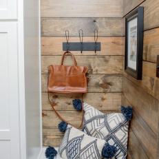 Kitchen Corner Storage Featuring Mounted Trio Wall Hook and Tasseled Throw Pillows