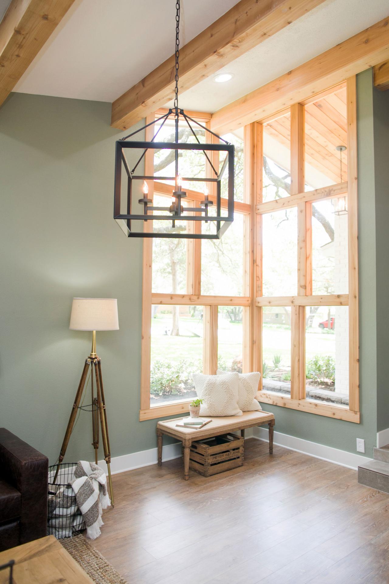 County Living Room Chandelier And Cedar Wrapped Window Grouping Hgtv