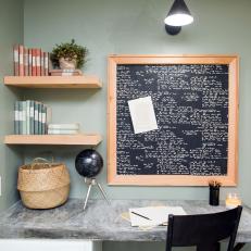 Concrete Desktop, Wallpapered Corkboard and Floating Shelves in Home Office Nook 