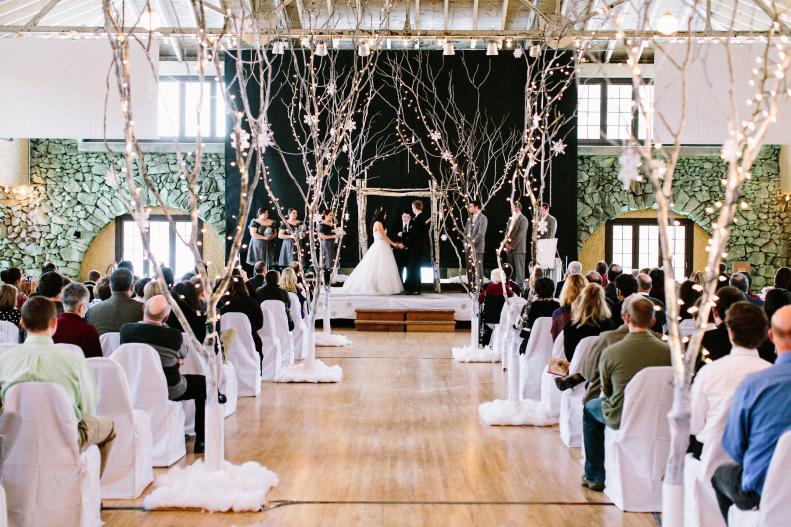 Large Wedding Venue Decorated With Winter Branches