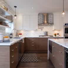 Lower Woodgrain Cabinetry Under Gray and White Tile Wall Finish in Midcentury Modern Kitchen 