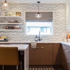 Muted Yellow-Brown Bar Chairs Pair With a Bright Tile Wall Design for a Midcentury Modern Style Kitchen 
