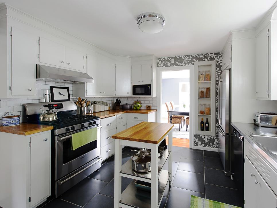 Contemporary Kitchen With Freestanding Island and Floral Wallpaper HGTV