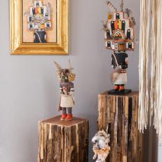 Southwestern Figurines on Textured Wood Pedestals With Matching Framed Wall Art 