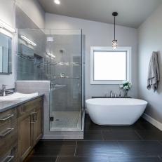 Gray Spa Bathroom With Soaking Tub