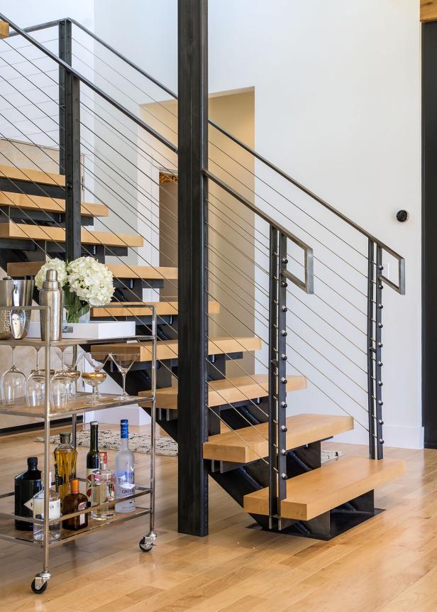 Bar Cart By Open Modern Staircase With Wood Steps, Black ...